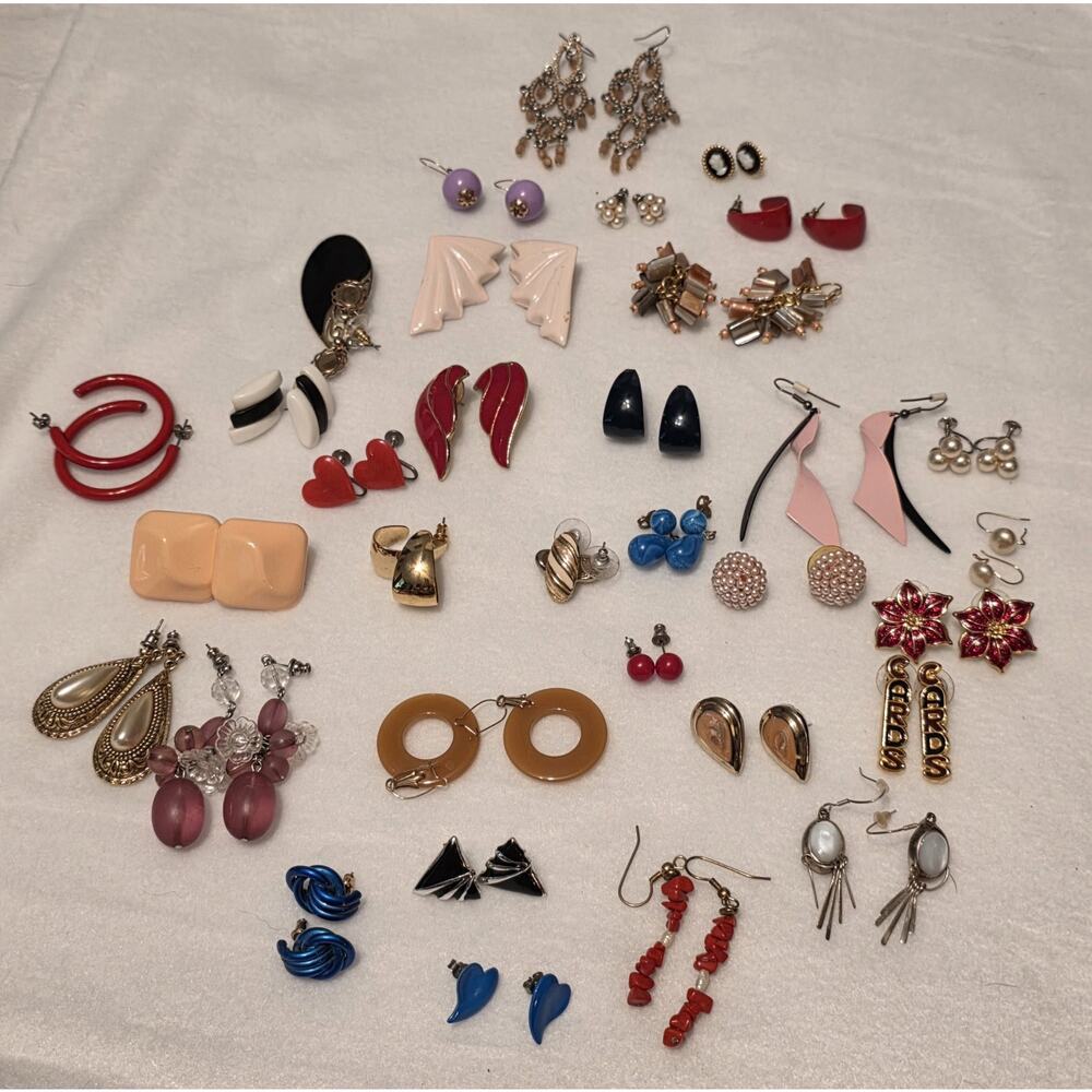 Large Mixed Earring Lot Retro Statement Enamel Pearl Dangle Hoop Stud Fashion...